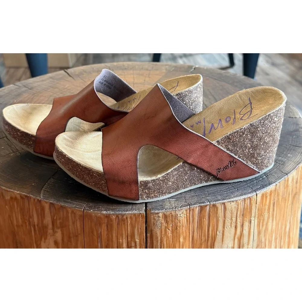 Blowfish Malibu Womens Brown Faux Leather Cork Wedge Platform Slide Sandals 8.5